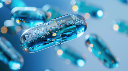 A stunning blue gel capsule filled with bubbly liquid gracefully floats against a soft focus background, capturing the essence of health and wellness innovation.の素材