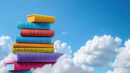This imaginative scene features a vibrant stack of colorful books resting on fluffy clouds against a clear blue sky, symbolizing creativity and knowledge.の素材