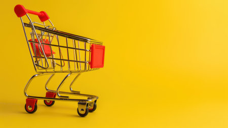 A modern shopping cart stands ready against a bright yellow background, symbolizing retail and consumerism. Perfect for e-commerce and promotional projects.の素材