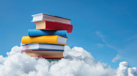 A vibrant stack of colorful books rests atop soft, fluffy clouds, set against a bright blue sky, evoking feelings of imagination and inspiration.の素材