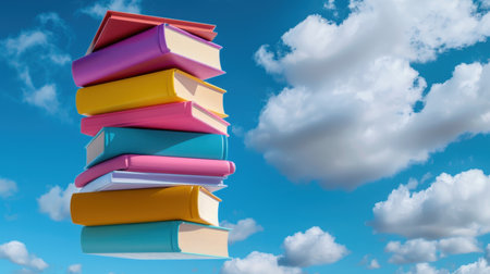 A vibrant stack of colorful books floats against a bright blue sky decorated with fluffy white clouds. This image inspires themes of education, creativity, and imagination for various projects.の素材