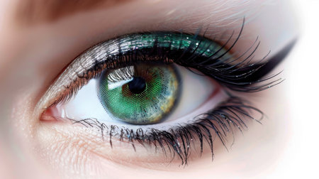 Stunning close-up image of an enchanting eye showcasing a vibrant green iris, glamorous makeup, and long, luscious eyelashes that captivate the viewer.の素材