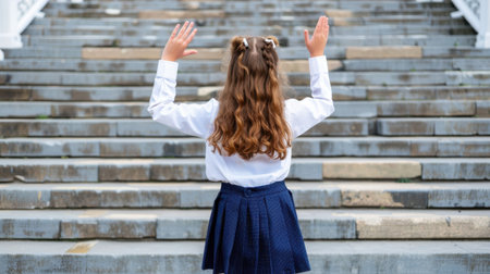 A young girl stands on stone steps with her arms raised in joy, wearing a white shirt and blue skirt. This vibrant scene captures the essence of childhood happiness and freedom.の素材