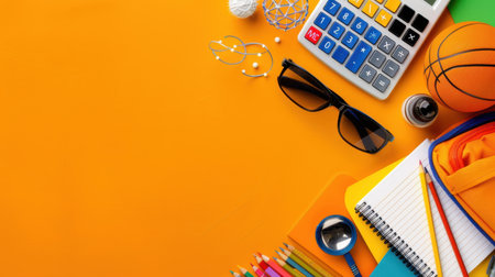 A vibrant flat lay arrangement featuring various stationery and school supplies on a bright orange background, perfect for education-related themes.の素材