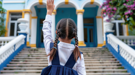 A young girl wearing a school uniform raises her hand enthusiastically as she stands on the steps of a vibrant school building. The scene captures a moment of eagerness and joy in a child's educational journey, emphasizing the importance of participation and learning.の素材