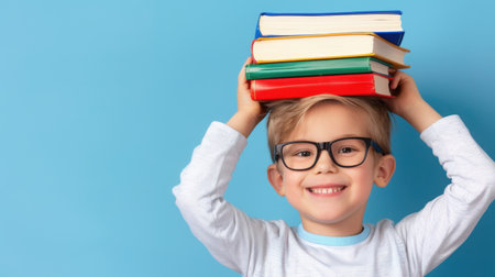 A cheerful young boy showcases his love for learning by balancing colorful books on his head. His bright smile and playful nature symbolize the joy of education.の素材