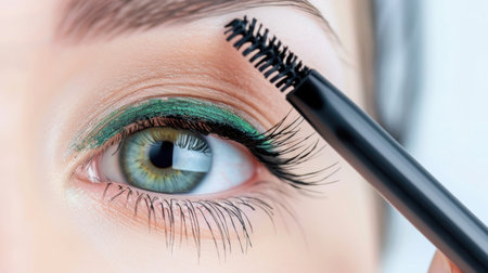 A stunning close-up of a woman's eye showcasing vibrant green eyeliner and mascara. The makeup application highlights beauty and artistry, perfect for beauty enthusiasts.の素材