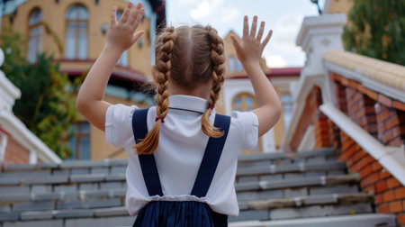 A young girl wearing braids and a white shirt stands on steps, joyfully gazing at a stunning building under a bright sky on a sunny day.の素材