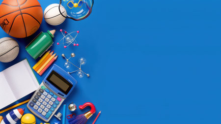 A vibrant arrangement of educational and sports supplies on a blue background, perfect for creative projects, teaching materials, or promotional content.の素材