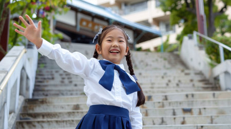 A cheerful young girl in a school uniform waves joyfully while standing on outdoor stairs. The bright sunlight accentuates her playful spirit and happiness.の素材