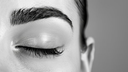 This detailed close-up captures the essence of natural beauty with a woman's eye partially closed, showcasing elegant lashes and subtle skin tones in a minimalist black and white setting.の素材