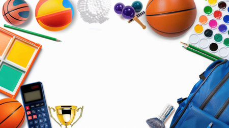 A vibrant arrangement of various sports and art supplies set against a clean white background, perfect for themes of creativity and competition.の素材
