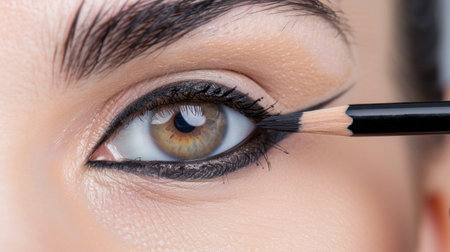 A detailed close-up image showcasing the application of eyeliner on an eye. This beauty technique emphasizes precision and artistry in makeup application, perfect for enhancing one's look.の素材