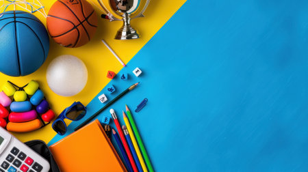 A vibrant flat lay image showcasing an assortment of sports equipment, educational tools, and stationery items on a bright background, ideal for creative projects.の素材