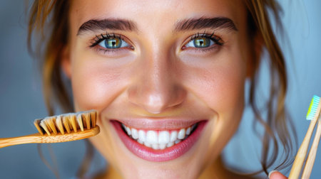 A joyful young woman is smiling widely, holding a natural toothbrush, showcasing her bright smile and commitment to oral hygiene in a natural setting.の素材