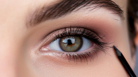 A stunning close-up image capturing a woman's eye as she skillfully applies eyeliner, showcasing beauty techniques, makeup artistry, and a focus on eye enhancement.の素材