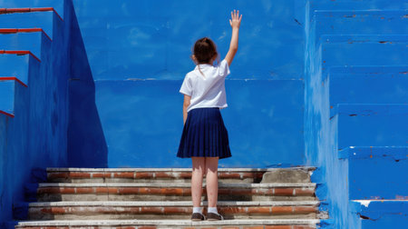 A cheerful young girl in a school uniform waves goodbye as she stands on steps against a striking blue wall, capturing a moment of innocence and joy.の素材