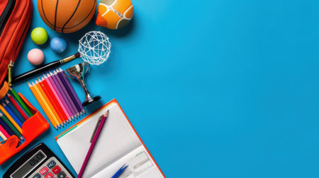 A vibrant arrangement of stationery and sports equipment on a bright blue background, perfect for themes of education, creativity, and activity.の素材