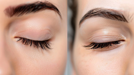 This image features a close-up view of a woman's eyes showcasing natural eyelashes against smooth skin, highlighting a minimalist beauty approach.の素材
