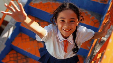 A cheerful schoolgirl joyfully climbs colorful stairs, radiating happiness and energy in a sunny outdoor environment, embodying childhood and school spirit.の素材