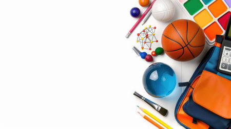 A vibrant array of school supplies and sports equipment is creatively arranged on a bright background, showcasing elements of learning and fun.の素材