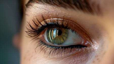 This stunning close-up showcases a human eye with a vibrant green iris and long eyelashes, emphasizing intricate details in natural light.の素材