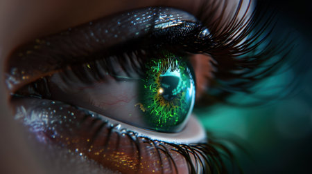 This captivating close-up photo showcases a human eye with striking green tones and intricate details, highlighting the beauty of human expression and vision.の素材