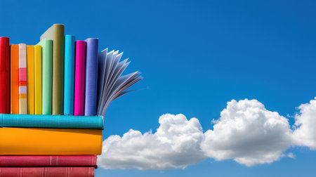 A vibrant stack of colorful books displayed against a bright blue sky with fluffy white clouds, symbolizing creativity, knowledge, and imagination.の素材
