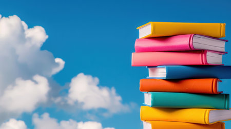 A vibrant arrangement of stacked books in various colors set against a bright blue sky with fluffy white clouds. Ideal for themes of education and creativity.の素材