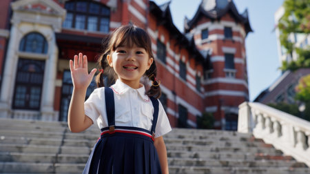 A cheerful young girl in a school uniform smiles and waves to the camera while standing on the stairs of a beautiful building, capturing a moment of joy.の素材