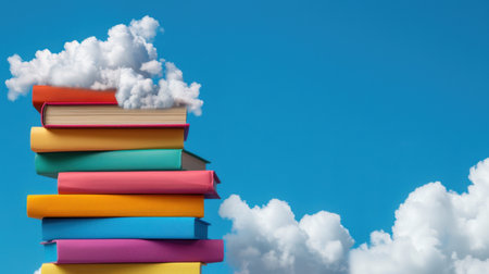 A vivid arrangement of colorful books stacked together with fluffy clouds hovering above, set against a clear blue sky. This image symbolizes creativity, learning, and the joy of reading.の素材