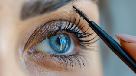 A stunning close-up image captures a woman's eye as she applies mascara with precision. The focus is on her deep blue iris and expertly groomed eyelashes, highlighting beauty and elegance. Perfect for beauty and cosmetic themes.の素材