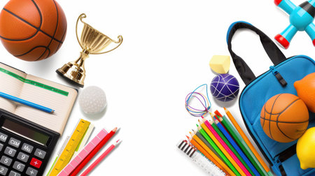 This vibrant arrangement features various sports equipment and school supplies, ideal for educational and recreational themes. Perfect for promoting learning and play.の素材