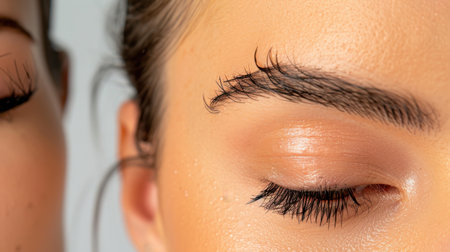 This striking close-up image captures a woman's eye adorned with natural makeup, emphasizing long, elegant eyelashes. The soft background enhances the beauty and serenity of the subject, creating an aesthetic and artistic portrait that evokes a sense of calm and inspiration.の素材