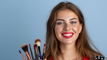 A cheerful young woman is holding a collection of makeup brushes, displaying a colorful palette of cosmetics against a light blue backdrop, radiating enthusiasm.の素材