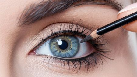 A detailed close-up image of a woman skillfully applying eyeliner to her eye. The picture captures the artistry and precision involved in makeup application, with a focus on beauty and facial features. The vibrant colors and textures in the image highlight the importance of eye makeup in enhancing personal style and confidence.の素材