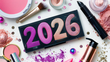 A visually stunning arrangement of colorful makeup products and glitter showcasing the year 2026, perfect for beauty enthusiasts and festive celebrations.の素材