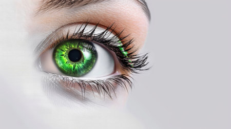 This striking close-up showcases a vibrant green eye with intricate details, emphasizing the beauty of natural features and the depth of expression.の素材