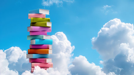 A vibrant stack of books in various colors stands tall against a brilliant blue sky filled with fluffy clouds, symbolizing education and creativity.の素材