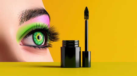 This striking image showcases a close-up of vibrant eye makeup with colorful eyeshadow and a stylish mascara tube against a bright yellow backdrop, perfect for beauty promotions.の素材