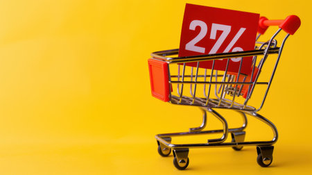 A vibrant shopping cart featuring a bold discount sign against a cheerful yellow backdrop. Ideal for illustrating sales strategies, promotions, and marketing campaigns.の素材