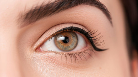 A stunning close-up image of an eye showcasing an intricate iris with shades of green and brown, framed by long, curled eyelashes. The soft makeup accentuates natural beauty, creating an engaging visual experience. Perfect for cosmetic or beauty themes.の素材