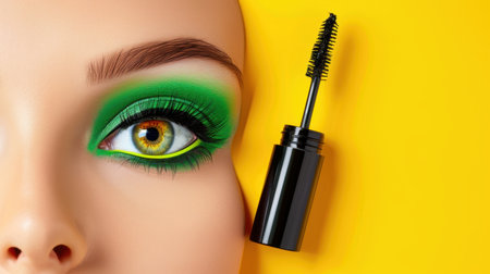 Close-up image of a striking eye makeup look featuring vibrant green eyeshadow and dramatic eyelashes, complemented by a sleek mascara tube.の素材