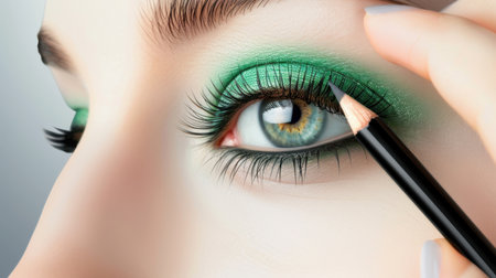 A striking close-up image showcasing a model applying vibrant green eye makeup with a pencil, highlighting the eye's intricate details and bold color.の素材