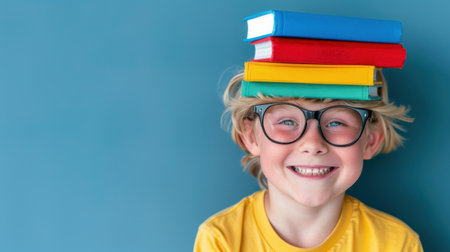 A joyful child with glasses happily smiles while balancing colorful books on his head against a vibrant blue background, celebrating creativity and learning.の素材
