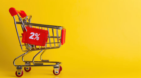 This vibrant image showcases a shopping cart on a yellow backdrop, featuring a red discount tag with a two percent offer, ideal for retail promotions.の素材