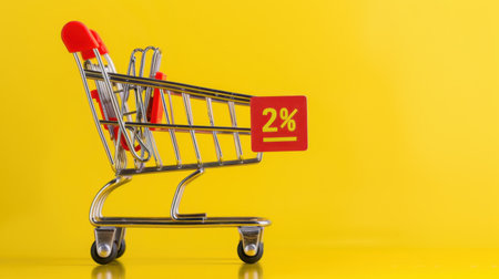 This vibrant shopping cart with a bold discount tag sits against a bright yellow background, perfect for online retail promotions and advertising campaigns.の素材