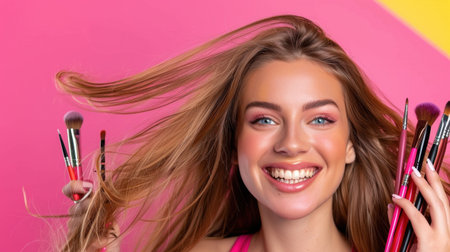 A cheerful young woman joyfully holds a collection of makeup brushes, showcasing her passion for beauty against a vibrant, colorful background.の素材