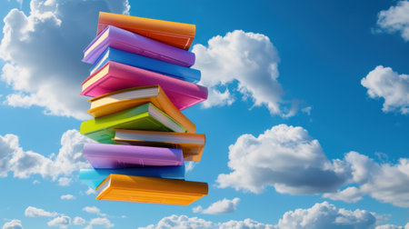 A vibrant stack of colorful books floating against a bright blue sky filled with fluffy clouds, perfect for educational themes or creative projects.の素材