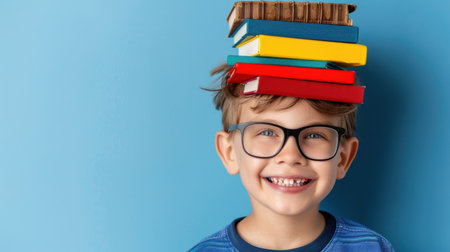 A cheerful young boy with glasses showcases his playful side by balancing a stack of colorful books on his head, radiating joy and creativity.の素材